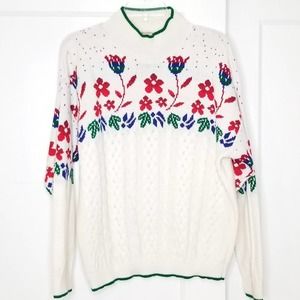 Vintage 80s Mock Neck Cable Knit Floral Sweater